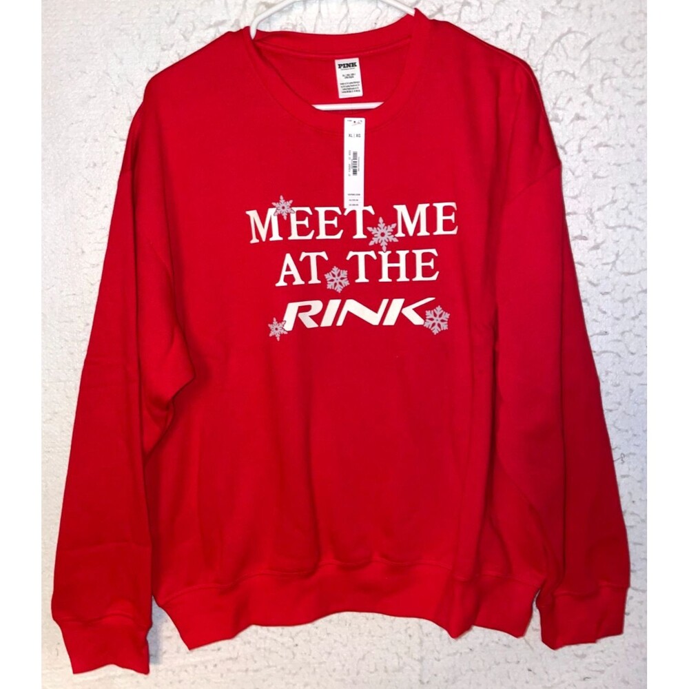 VICTORIA SECRET PINK Christmas PULLOVER Fleece SWEATSHIRT RED LOGO XL MEET ME AT